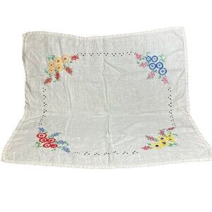 Vintage Tablecloth White Embroidered Floral - 31" x 31"